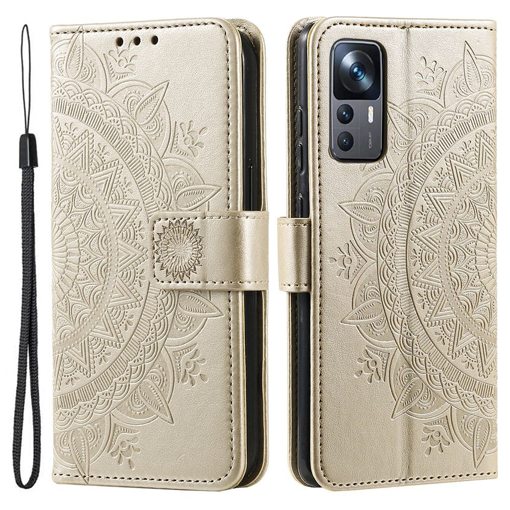 For Xiaomi 12T 5G / Redmi K50 Ultra 5G / 12T Pro 5G Mandala Flower Pattern Imprinted Folding Stand PU Leather Case TPU Inner Shell Wallet Flip Cover with Strap