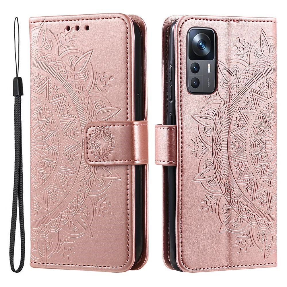 For Xiaomi 12T 5G / Redmi K50 Ultra 5G / 12T Pro 5G Mandala Flower Pattern Imprinted Folding Stand PU Leather Case TPU Inner Shell Wallet Flip Cover with Strap