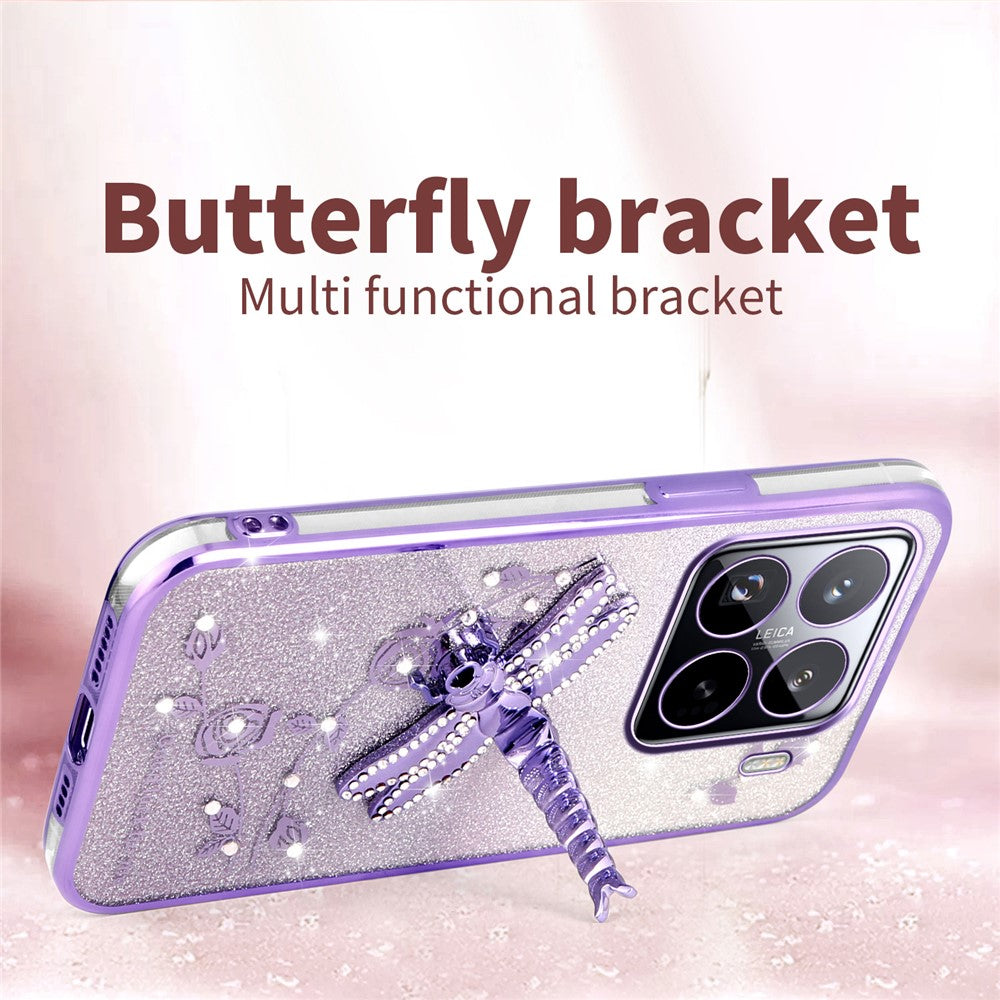 KADEM For Xiaomi 15 Pro Case Dragonfly Kickstand TPU Flowers Glitter Phone Cover