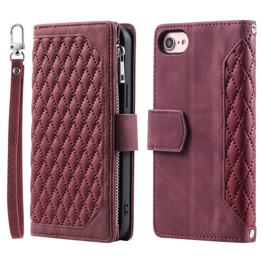 For iPhone 17e / 16e Case Rhombus Imprinted Zipper Wallet Leather Cover with Strap