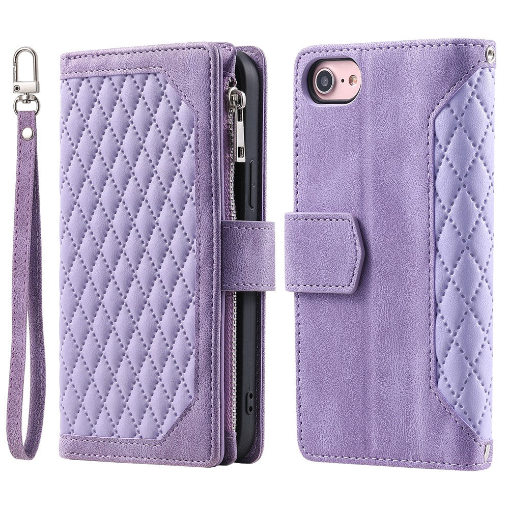 For iPhone 17e / 16e Case Rhombus Imprinted Zipper Wallet Leather Cover with Strap
