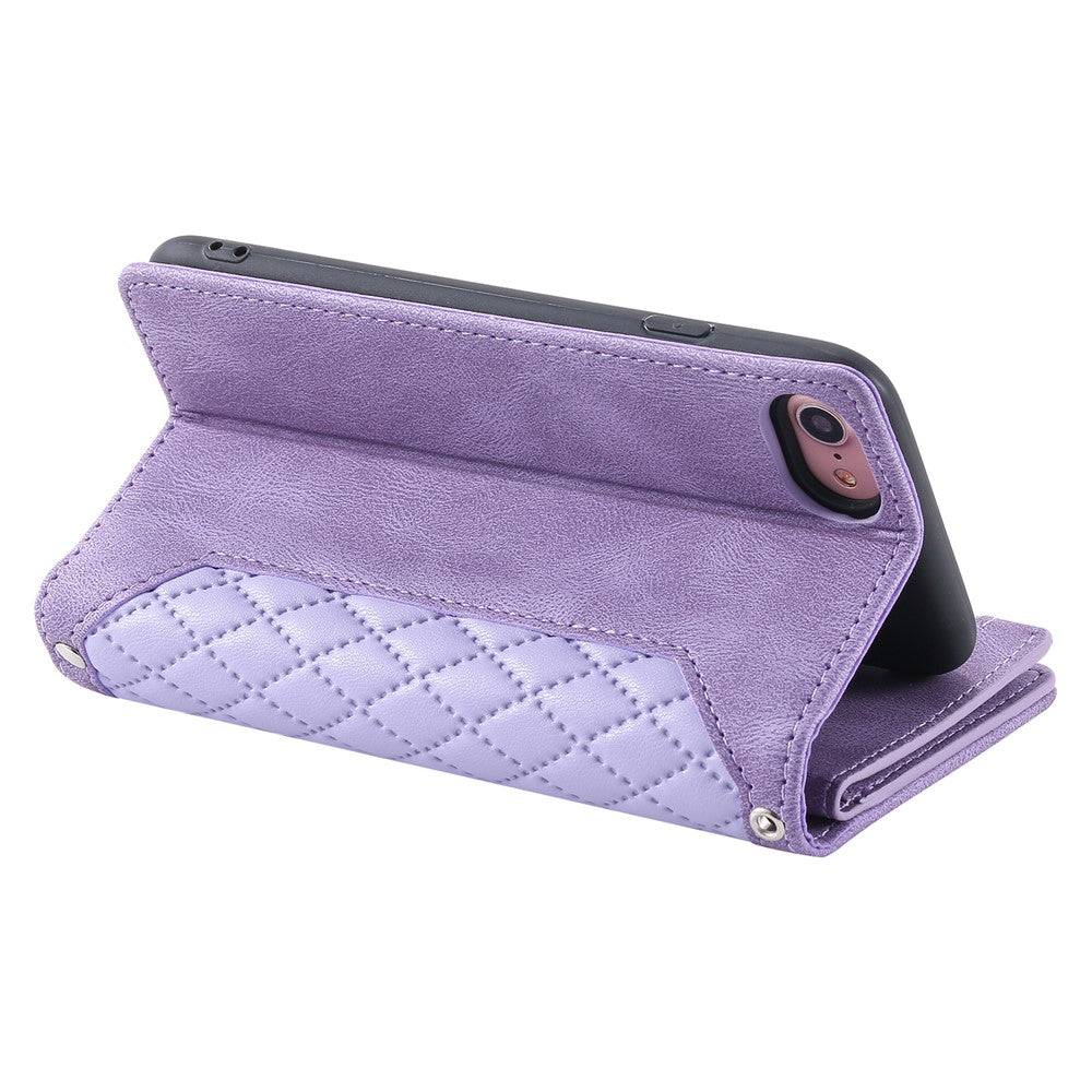 For iPhone 17e / 16e Case Rhombus Imprinted Zipper Wallet Leather Cover with Strap