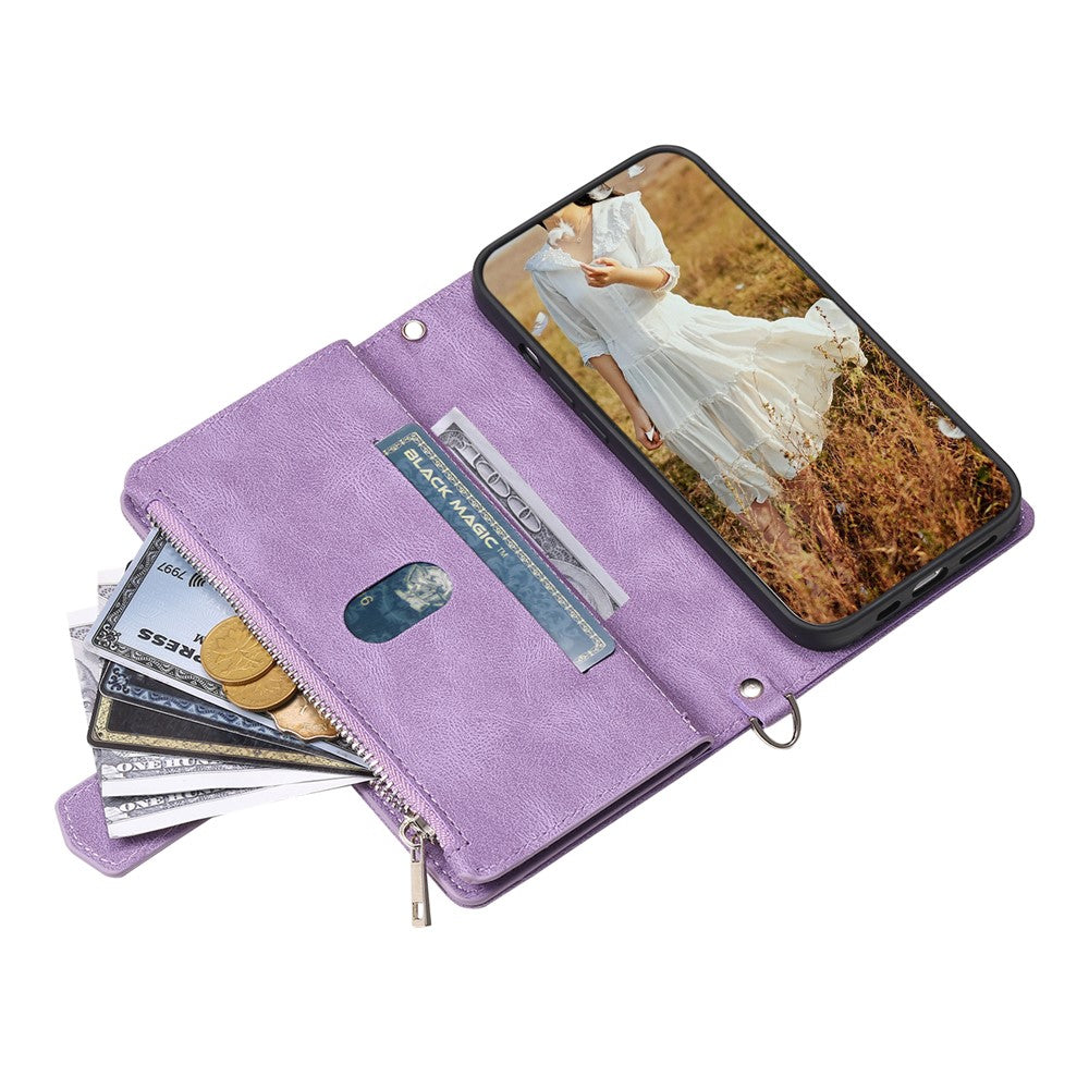For iPhone 17e / 16e Case Rhombus Imprinted Zipper Wallet Leather Cover with Strap