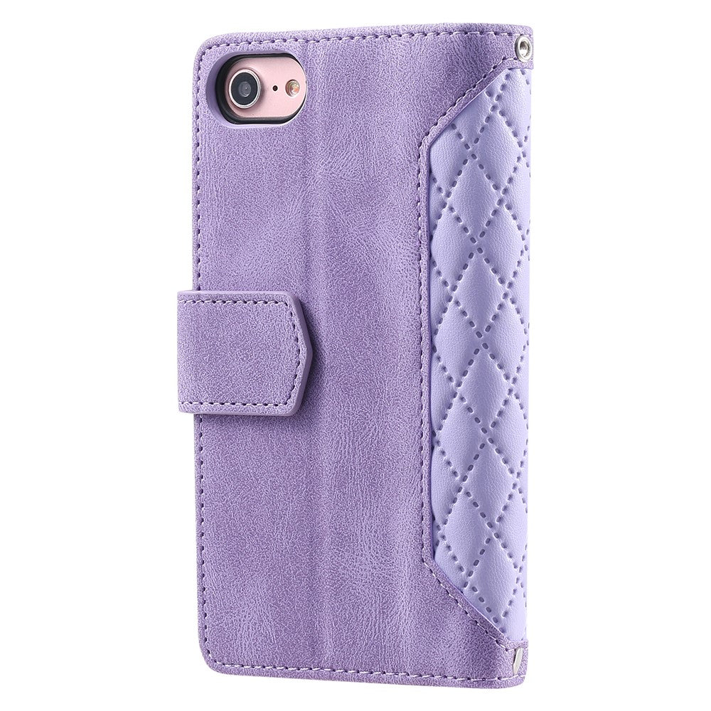 For iPhone 17e / 16e Case Rhombus Imprinted Zipper Wallet Leather Cover with Strap