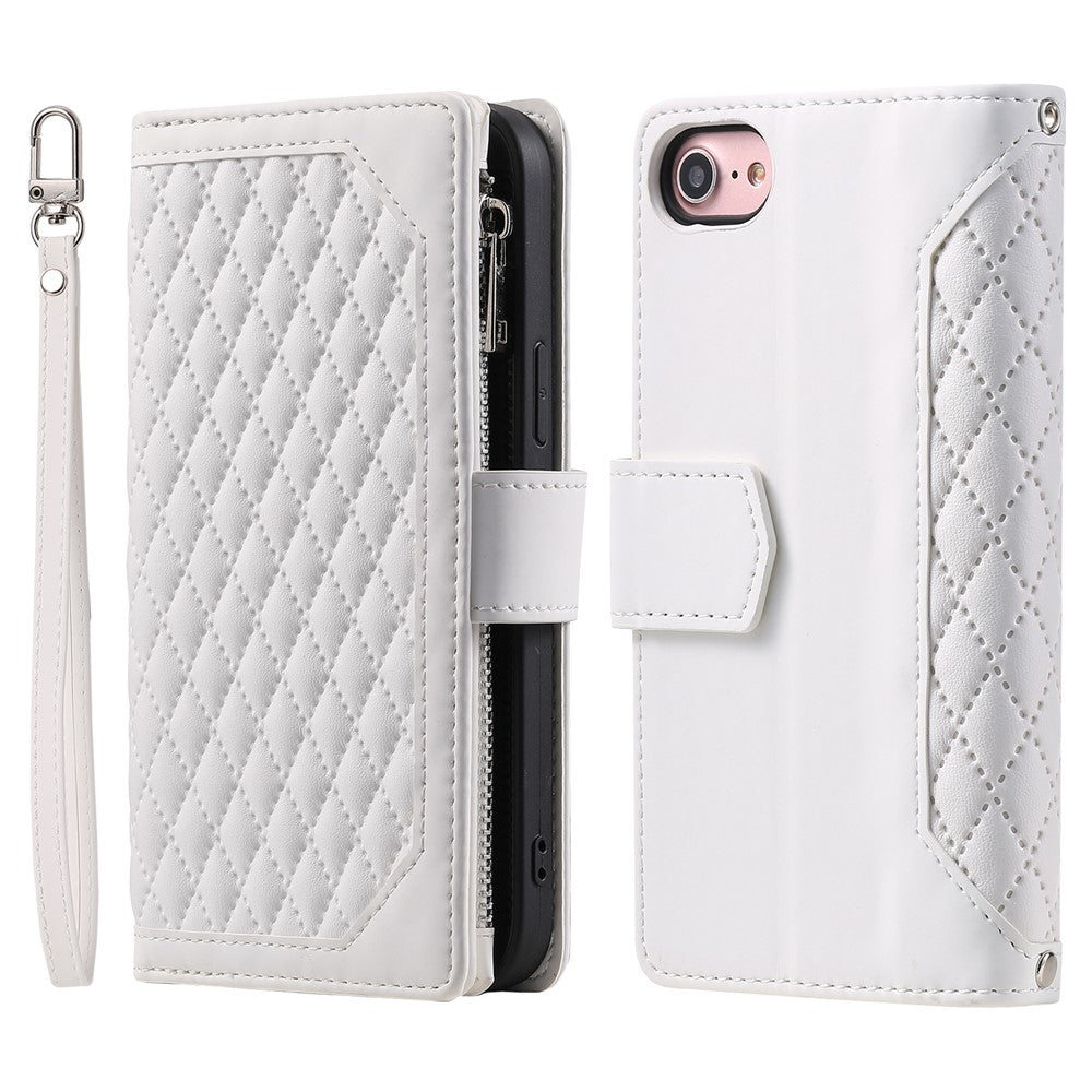 For iPhone 17e / 16e Case Rhombus Imprinted Zipper Wallet Leather Cover with Strap
