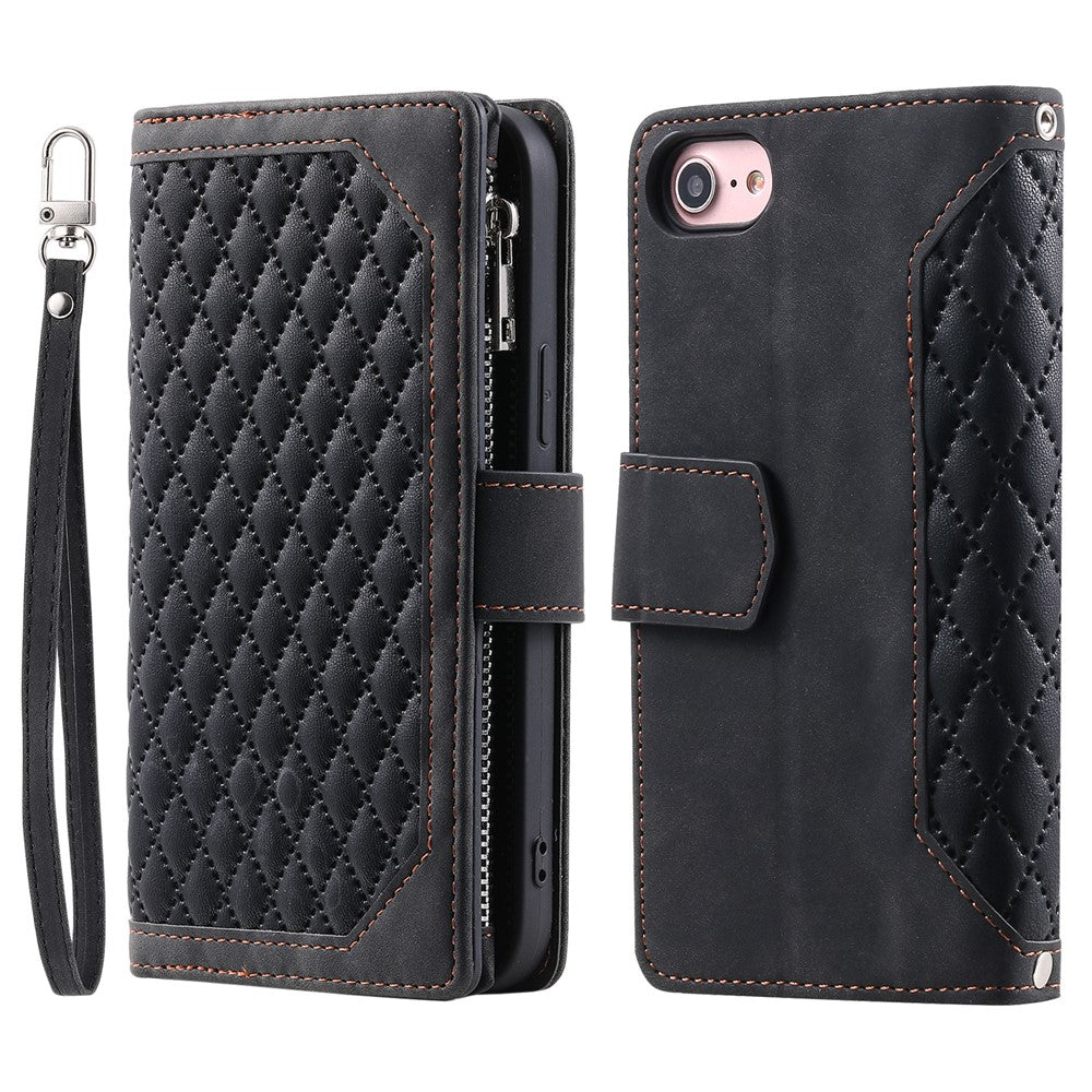 For iPhone 17e / 16e Case Rhombus Imprinted Zipper Wallet Leather Cover with Strap