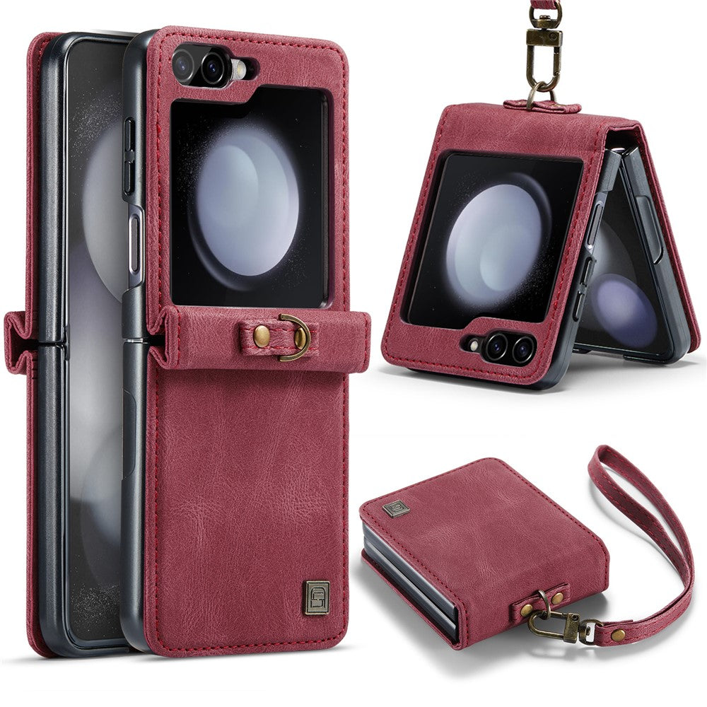 AUTSPACE For Samsung Galaxy Z Flip5 5G Case  A01 Retro Leather Phone Cover with Hand Strap