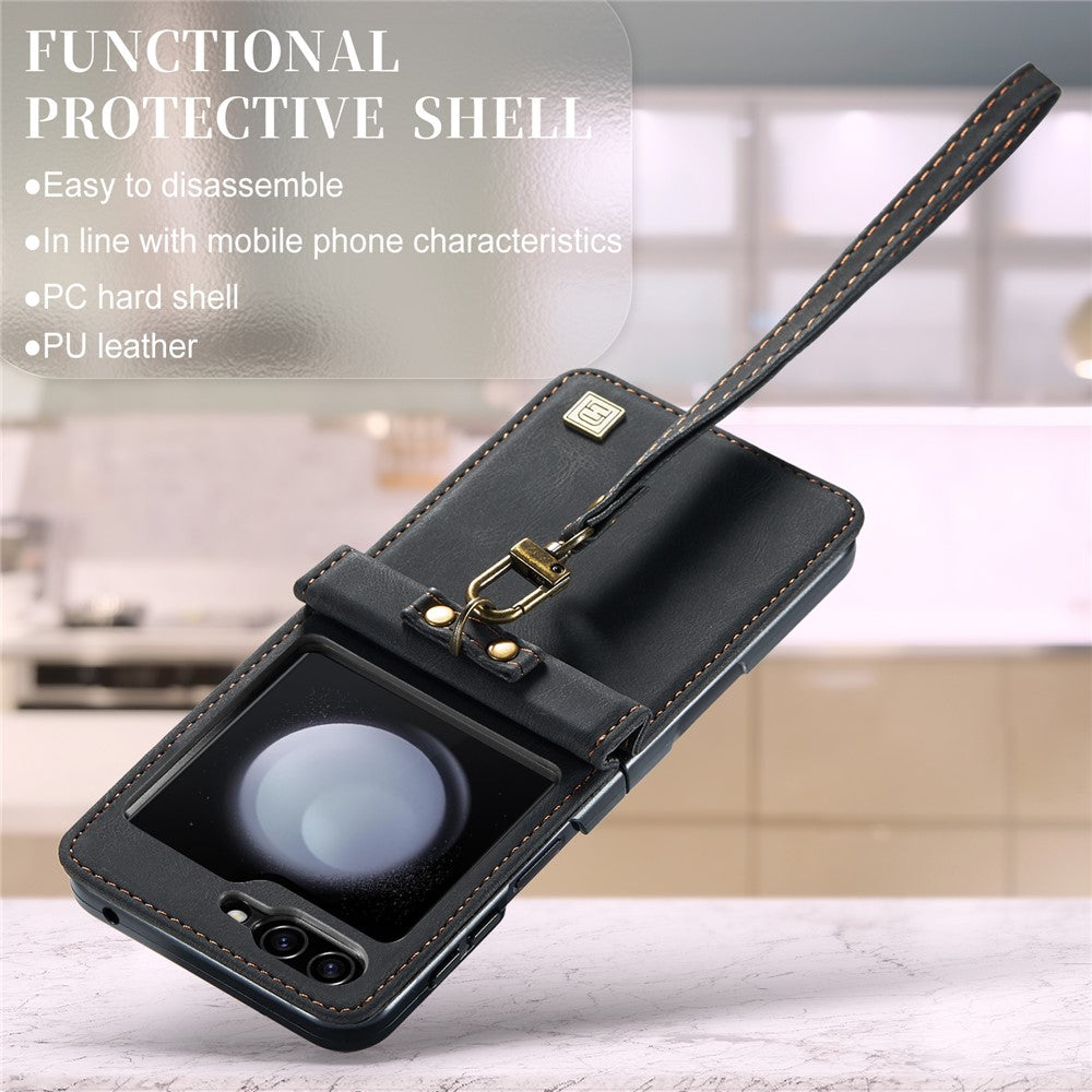 AUTSPACE For Samsung Galaxy Z Flip5 5G Case  A01 Retro Leather Phone Cover with Hand Strap
