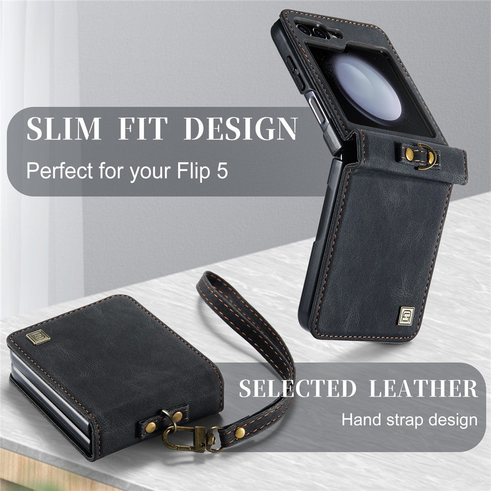 AUTSPACE For Samsung Galaxy Z Flip5 5G Case  A01 Retro Leather Phone Cover with Hand Strap
