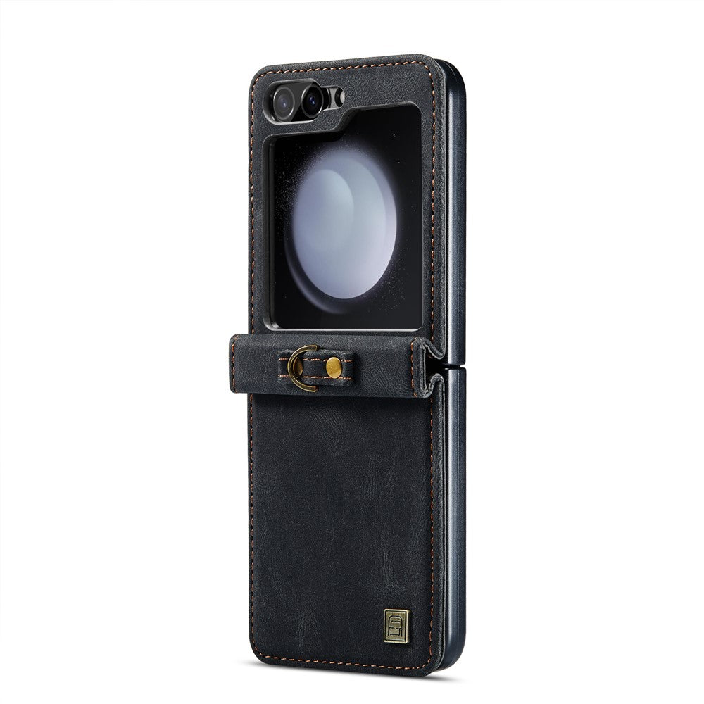 AUTSPACE For Samsung Galaxy Z Flip5 5G Case  A01 Retro Leather Phone Cover with Hand Strap