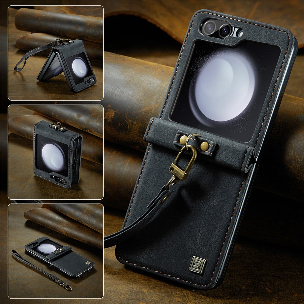 AUTSPACE For Samsung Galaxy Z Flip5 5G Case  A01 Retro Leather Phone Cover with Hand Strap