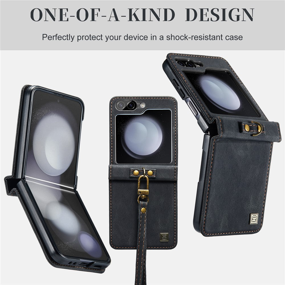 AUTSPACE For Samsung Galaxy Z Flip5 5G Case  A01 Retro Leather Phone Cover with Hand Strap