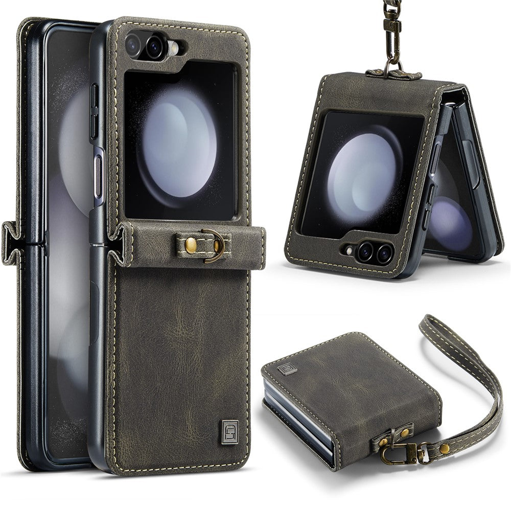 AUTSPACE For Samsung Galaxy Z Flip5 5G Case  A01 Retro Leather Phone Cover with Hand Strap