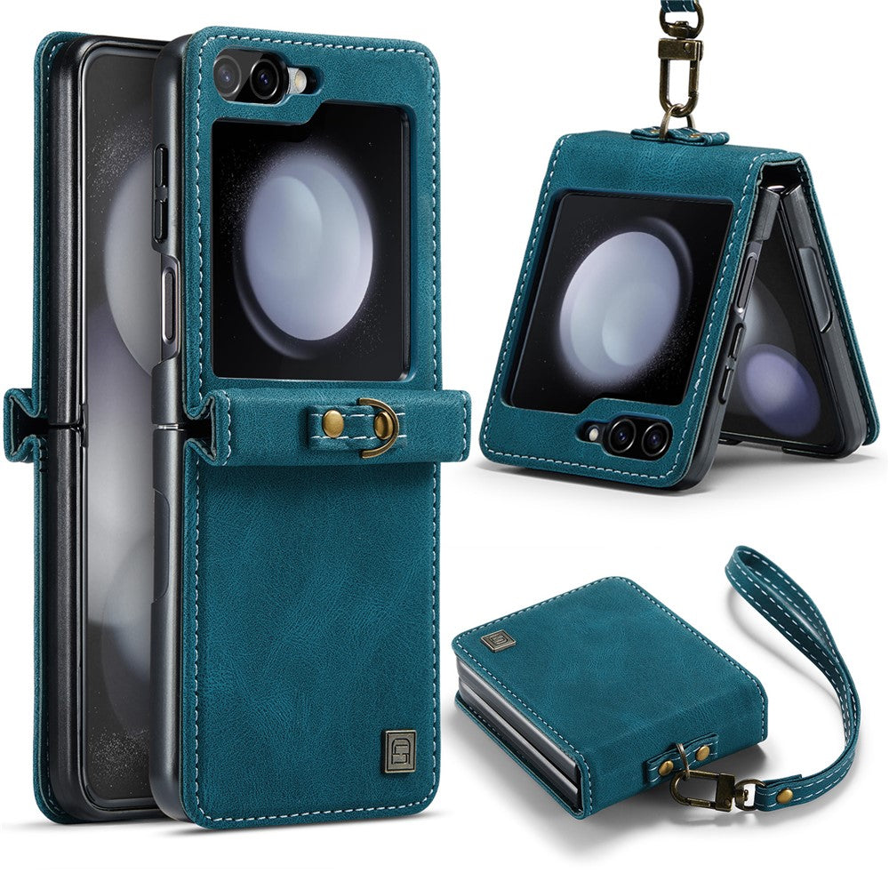 AUTSPACE For Samsung Galaxy Z Flip5 5G Case  A01 Retro Leather Phone Cover with Hand Strap