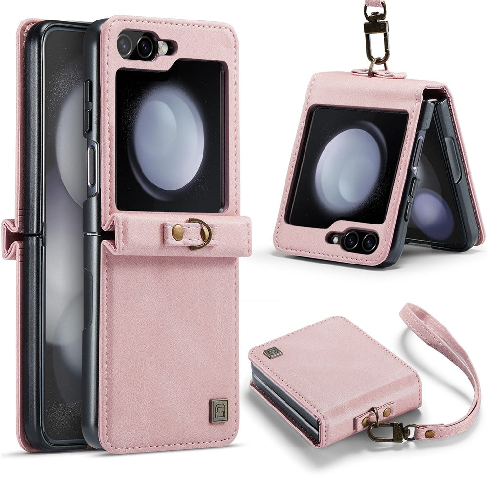 AUTSPACE For Samsung Galaxy Z Flip5 5G Case  A01 Retro Leather Phone Cover with Hand Strap
