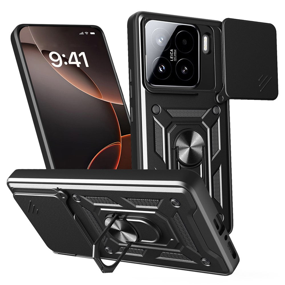 For Xiaomi 15 Case with Slide Camera Lid PC + TPU Kickstand Phone Cover