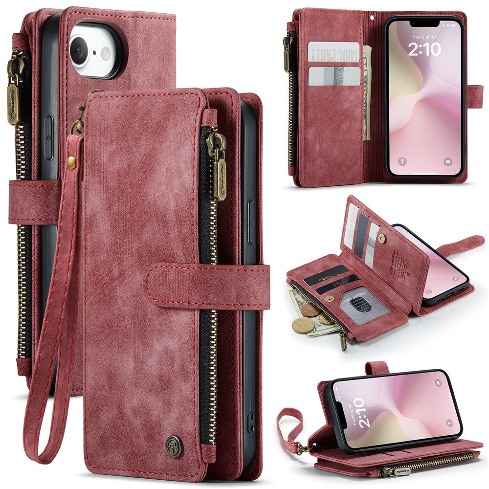 CASEME For iPhone 17e / 16e Phone Cases with Strap  C30 Zipper Multiple Card Holder PU Leather Cover