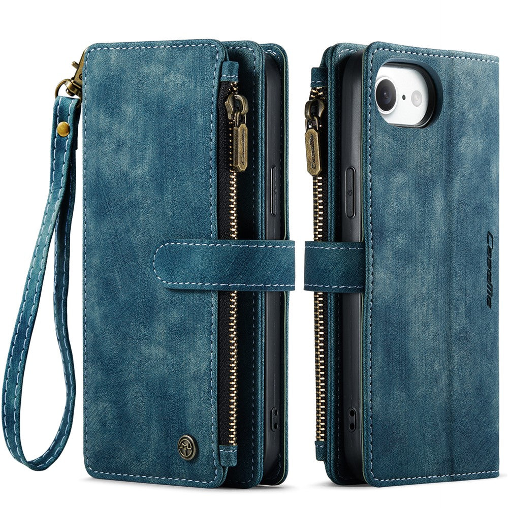 CASEME For iPhone 17e / 16e Phone Cases with Strap  C30 Zipper Multiple Card Holder PU Leather Cover