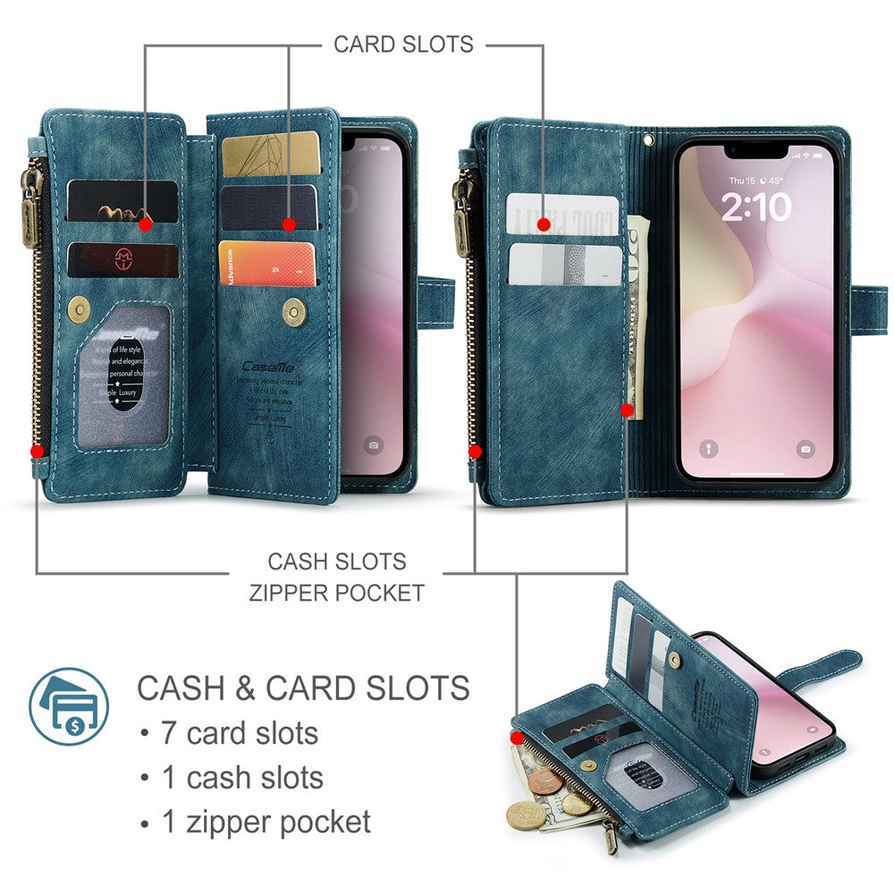CASEME For iPhone 17e / 16e Phone Cases with Strap  C30 Zipper Multiple Card Holder PU Leather Cover