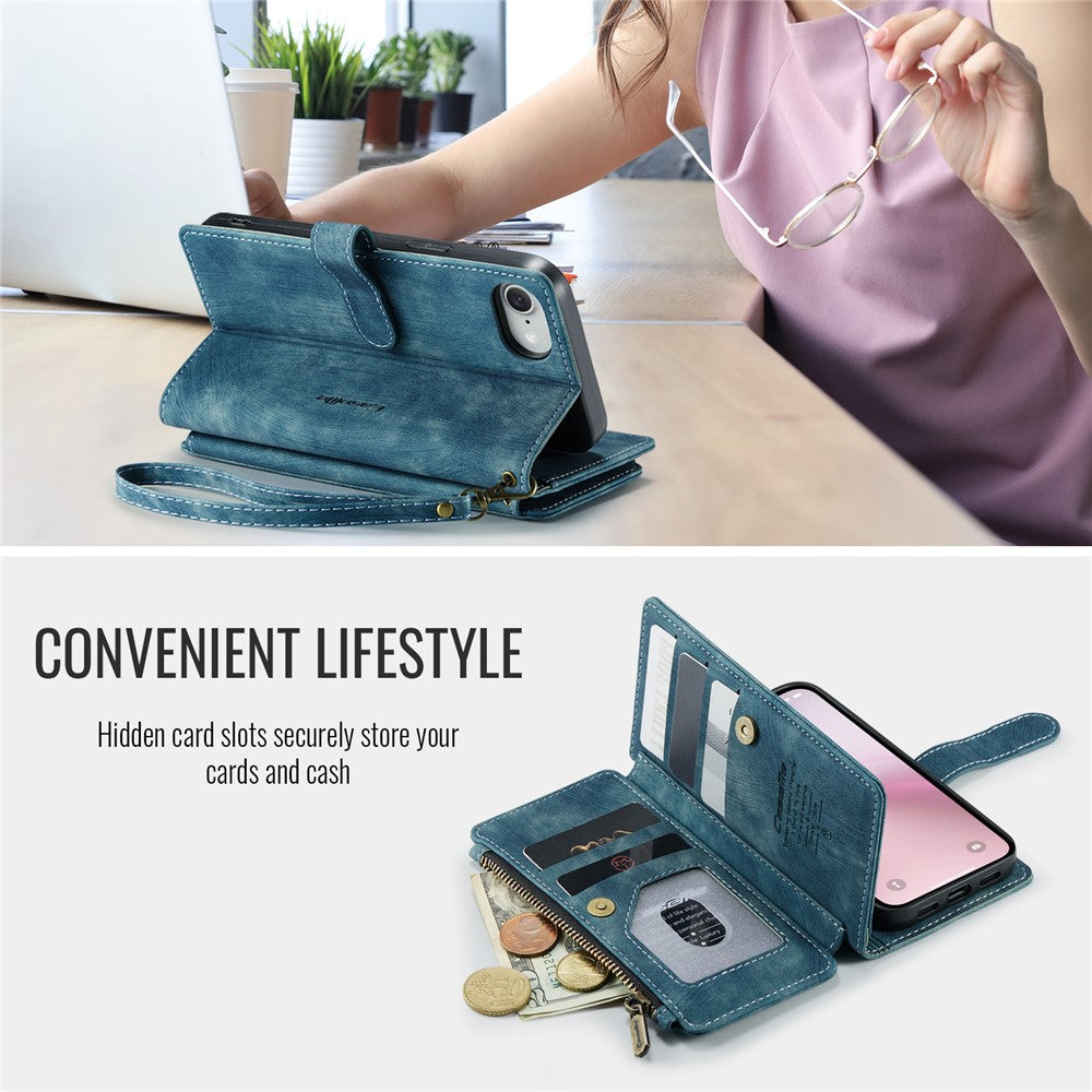 CASEME For iPhone 17e / 16e Phone Cases with Strap  C30 Zipper Multiple Card Holder PU Leather Cover