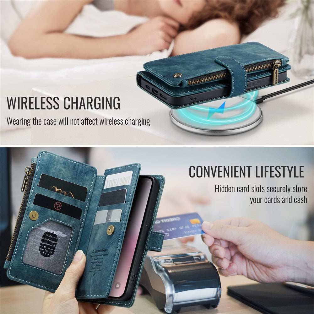CASEME For iPhone 17e / 16e Phone Cases with Strap  C30 Zipper Multiple Card Holder PU Leather Cover