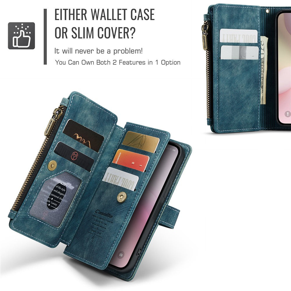 CASEME For iPhone 17e / 16e Phone Cases with Strap  C30 Zipper Multiple Card Holder PU Leather Cover
