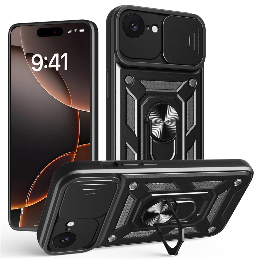 For iPhone 17e / 16e Case with Slide Camera Lid PC + TPU Kickstand Phone Cover