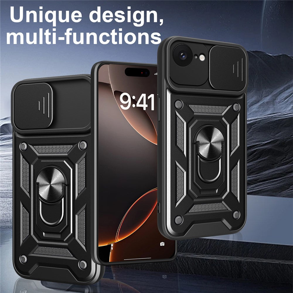 For iPhone 17e / 16e Case with Slide Camera Lid PC + TPU Kickstand Phone Cover