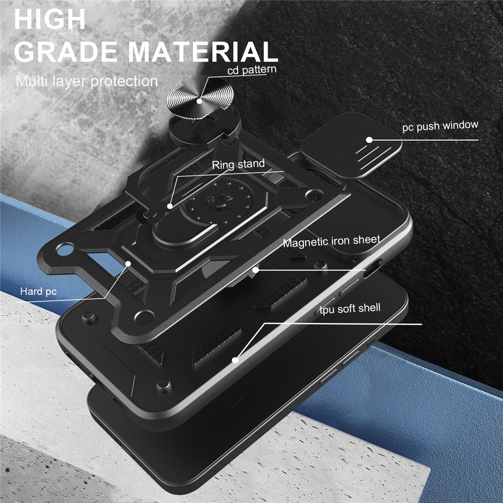 For iPhone 17e / 16e Case with Slide Camera Lid PC + TPU Kickstand Phone Cover