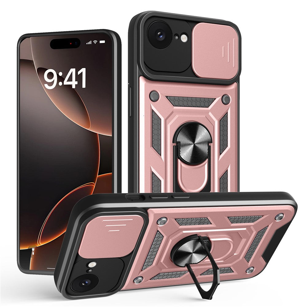 For iPhone 17e / 16e Case with Slide Camera Lid PC + TPU Kickstand Phone Cover