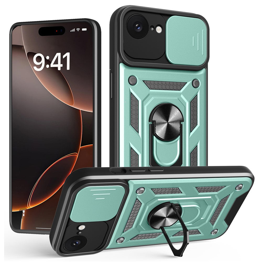 For iPhone 17e / 16e Case with Slide Camera Lid PC + TPU Kickstand Phone Cover