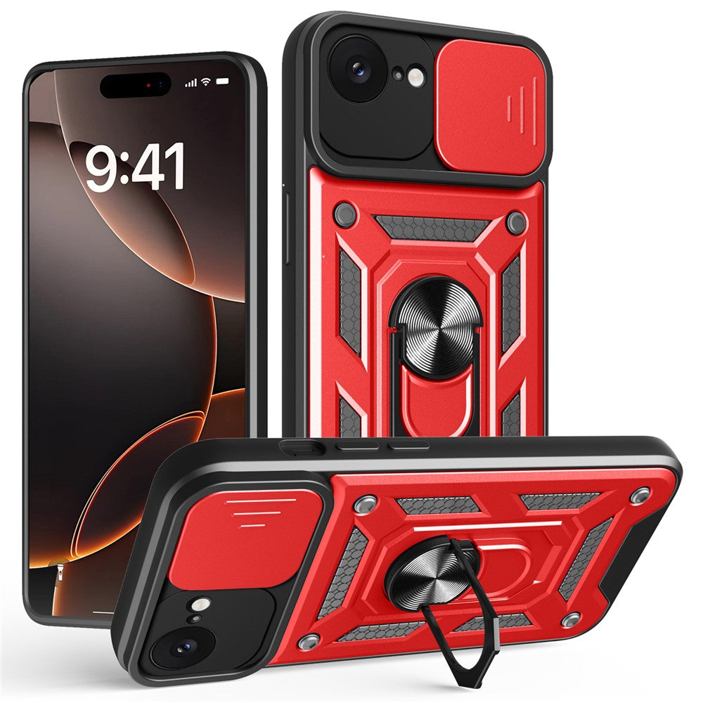 For iPhone 17e / 16e Case with Slide Camera Lid PC + TPU Kickstand Phone Cover