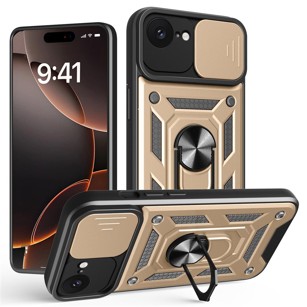 For iPhone 17e / 16e Case with Slide Camera Lid PC + TPU Kickstand Phone Cover