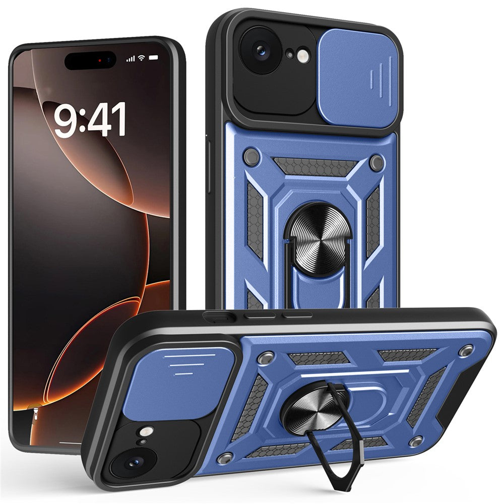 For iPhone 17e / 16e Case with Slide Camera Lid PC + TPU Kickstand Phone Cover