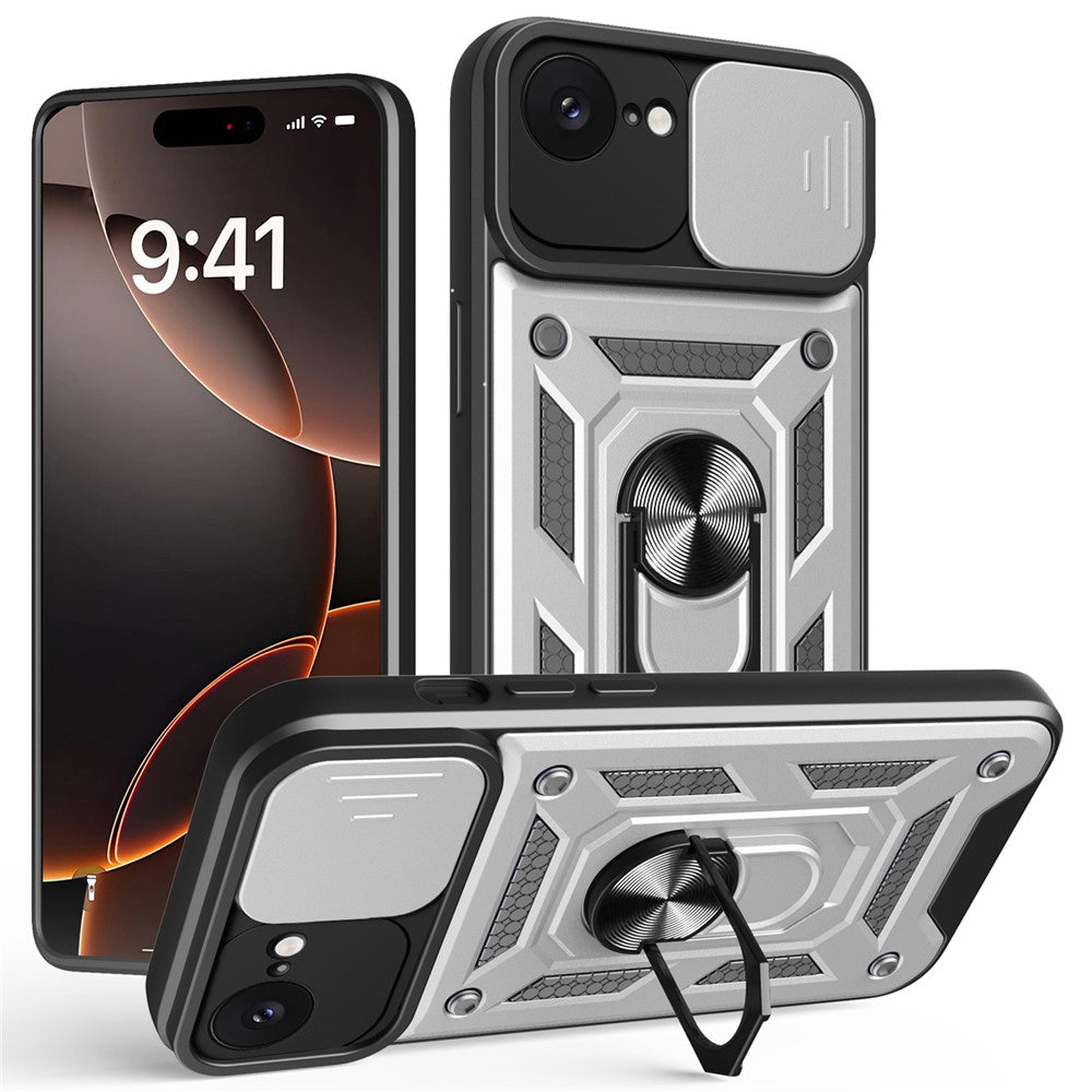 For iPhone 17e / 16e Case with Slide Camera Lid PC + TPU Kickstand Phone Cover