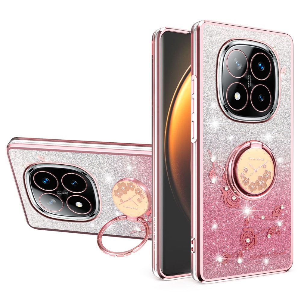 KADEM For Xiaomi Redmi Note 14 Pro+ 5G Case Ring Kickstand TPU Flowers Phone Cover Gradient Glitter