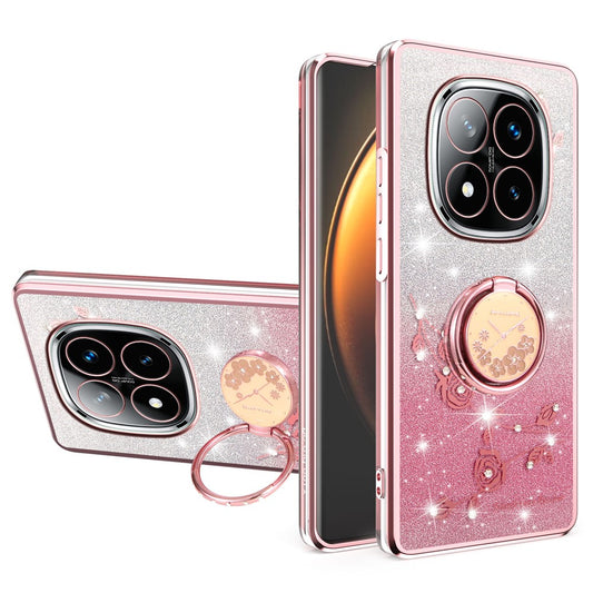 Xiaomi Redmi Note 14 Pro+ 5G Handyhülle – KADEM Ring Ständer TPU Blumen Farbverlauf Glitzer