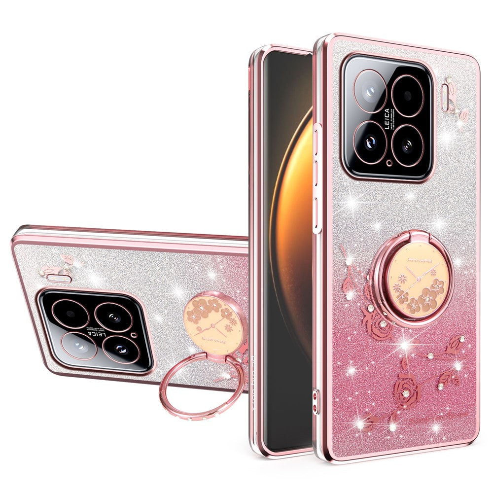 KADEM For Xiaomi 15 Case Ring Kickstand TPU Flowers Phone Cover Gradient Glitter