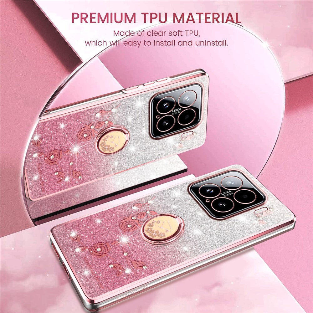 KADEM For Xiaomi 15 Case Ring Kickstand TPU Flowers Phone Cover Gradient Glitter