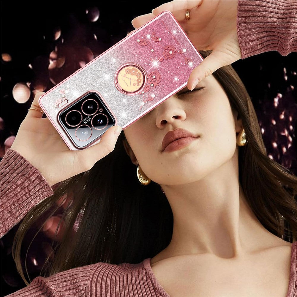 KADEM For Xiaomi 15 Case Ring Kickstand TPU Flowers Phone Cover Gradient Glitter