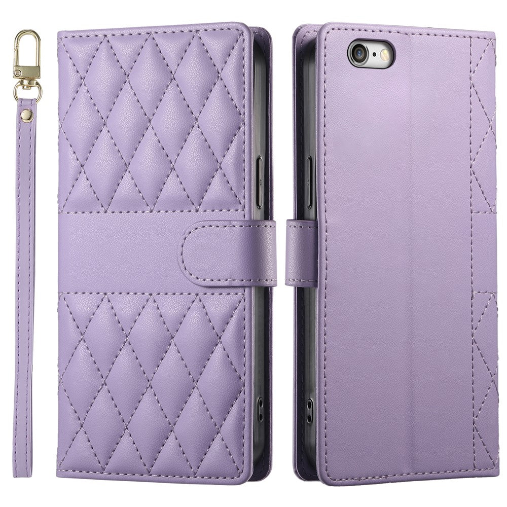 For iPhone 17e / 16e Case Rhombus Stitching Wallet Stand Leather Phone Cover with Long  /  Short Strap