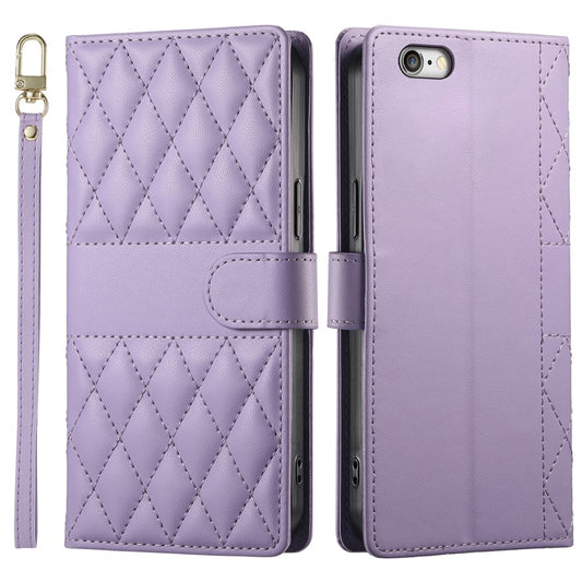 For iPhone 17e / 16e Case Rhombus Stitching Wallet Stand Leather Phone Cover with Long  /  Short Strap