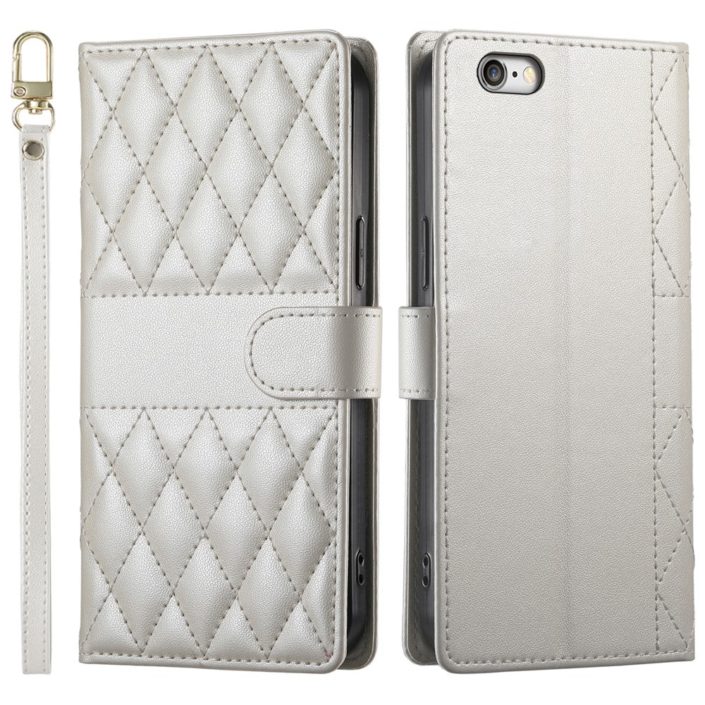 For iPhone 17e / 16e Case Rhombus Stitching Wallet Stand Leather Phone Cover with Long  /  Short Strap