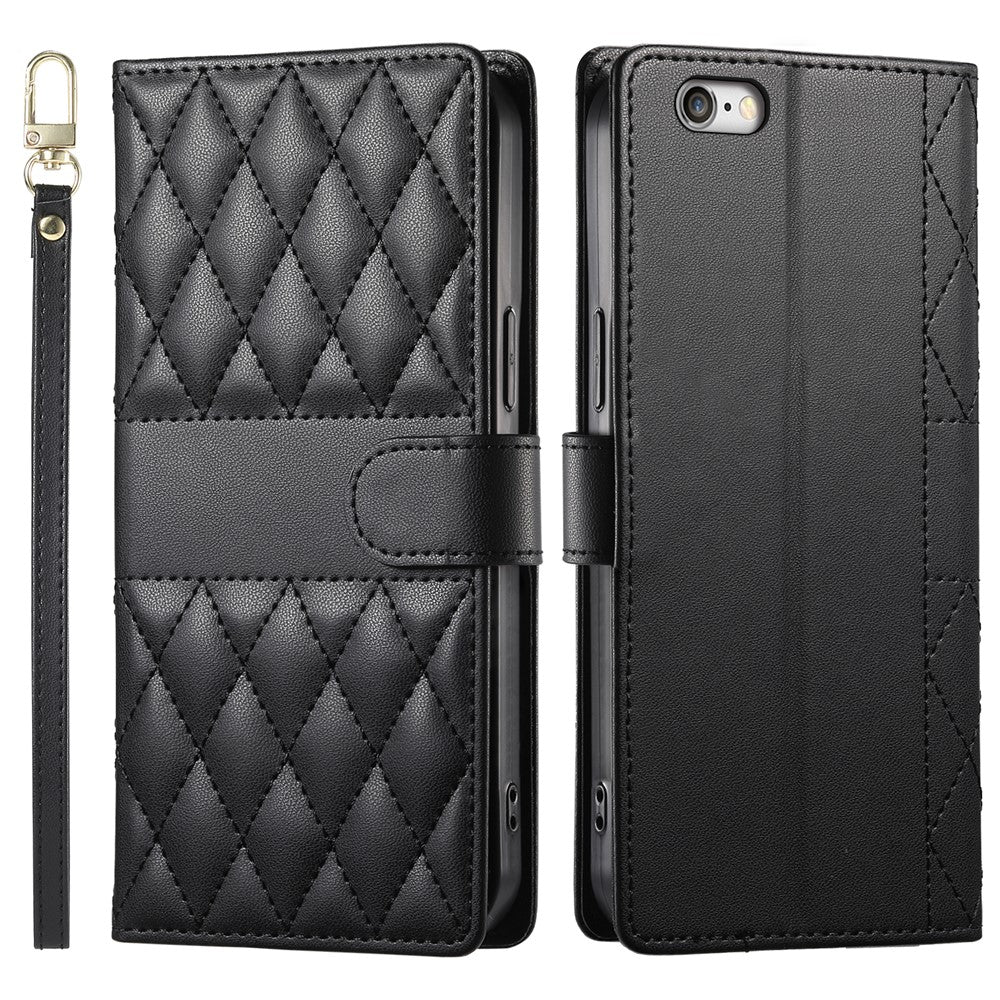 For iPhone 17e / 16e Case Rhombus Stitching Wallet Stand Leather Phone Cover with Long  /  Short Strap