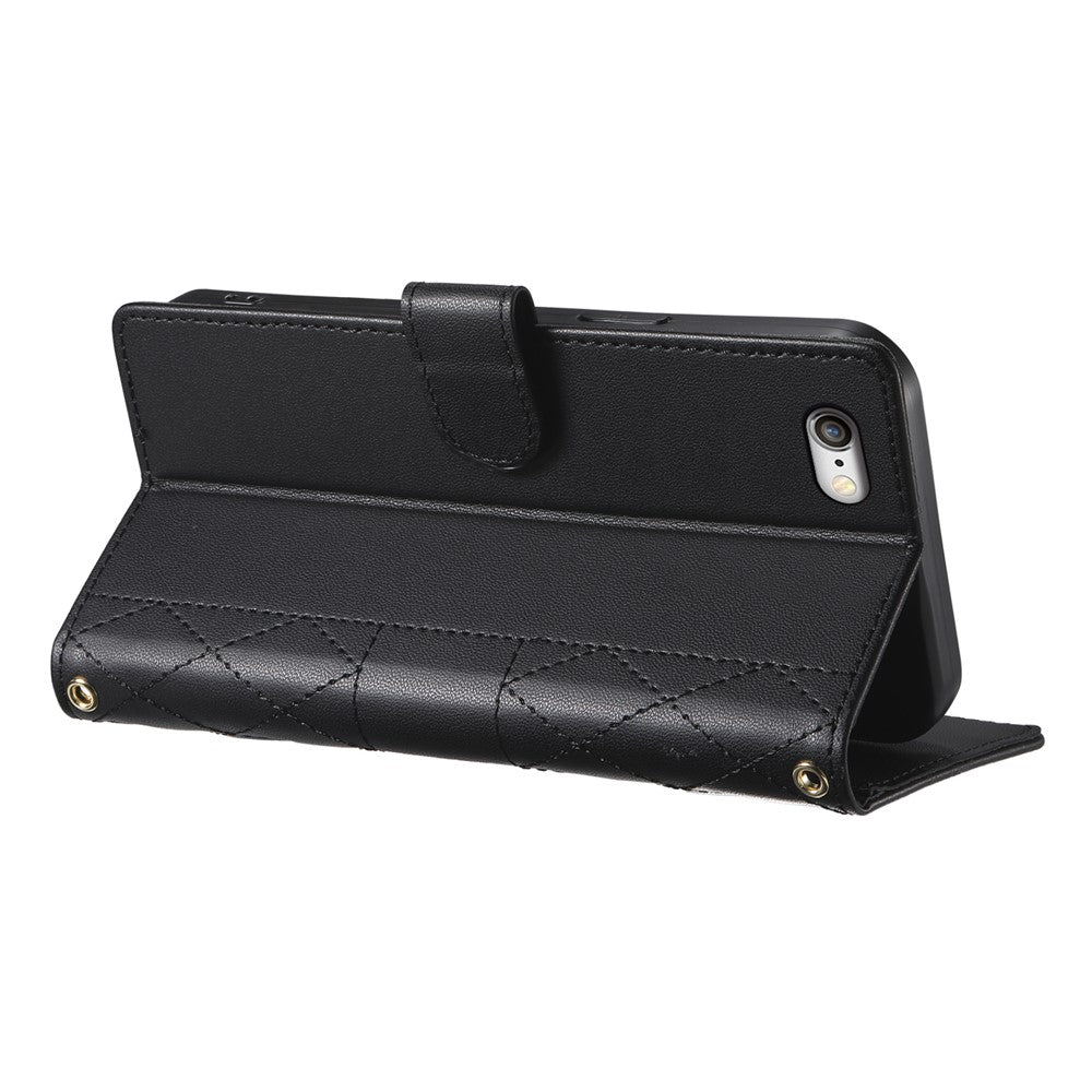For iPhone 17e / 16e Case Rhombus Stitching Wallet Stand Leather Phone Cover with Long  /  Short Strap