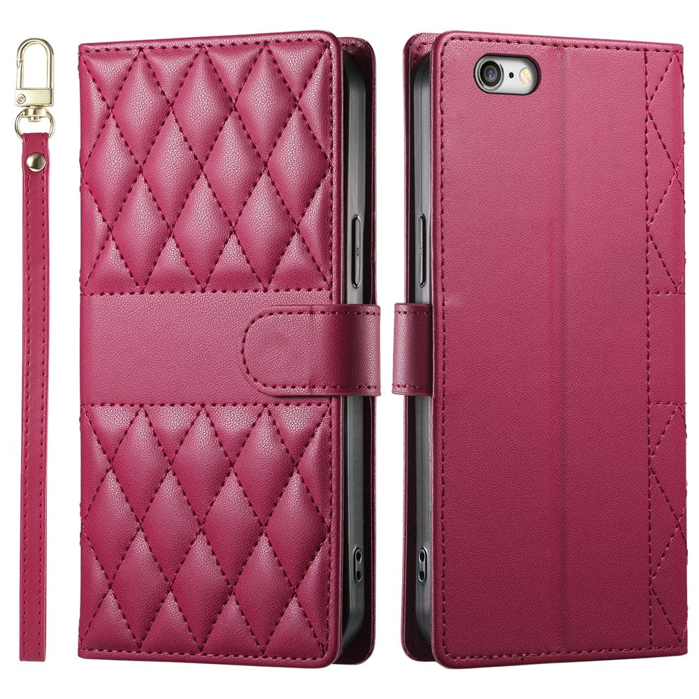 For iPhone 17e / 16e Case Rhombus Stitching Wallet Stand Leather Phone Cover with Long  /  Short Strap