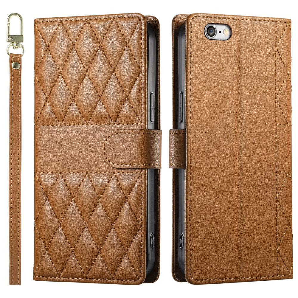 For iPhone 17e / 16e Case Rhombus Stitching Wallet Stand Leather Phone Cover with Long  /  Short Strap