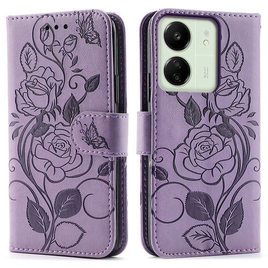 Phone Case For Xiaomi Redmi 13C 4G / 5G / 13R 5G / Poco M6 5G / C65 4G Wallet Stand Imprinted Rose Butterfly PU Leather Cover