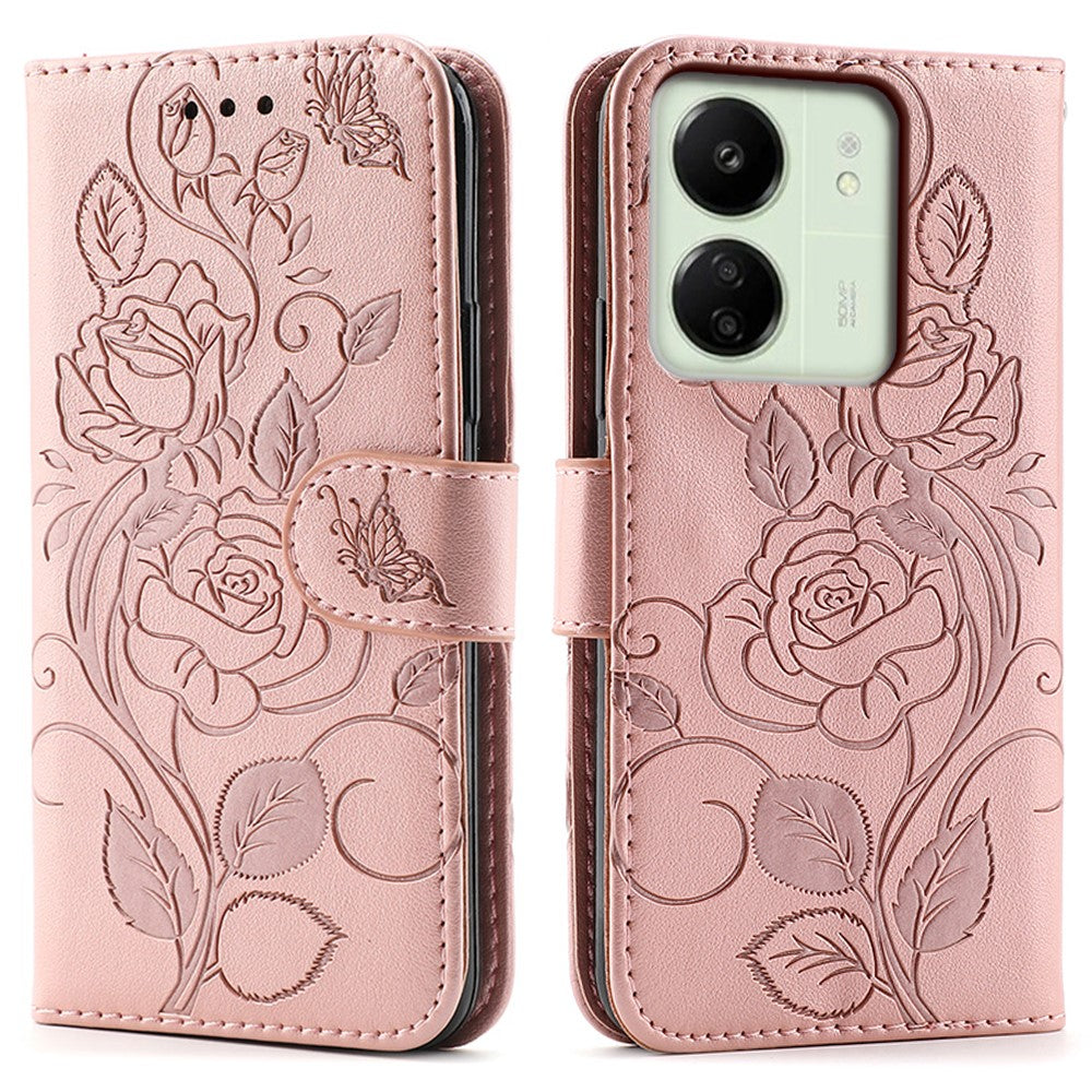 Phone Case For Xiaomi Redmi 13C 4G / 5G / 13R 5G / Poco M6 5G / C65 4G Wallet Stand Imprinted Rose Butterfly PU Leather Cover