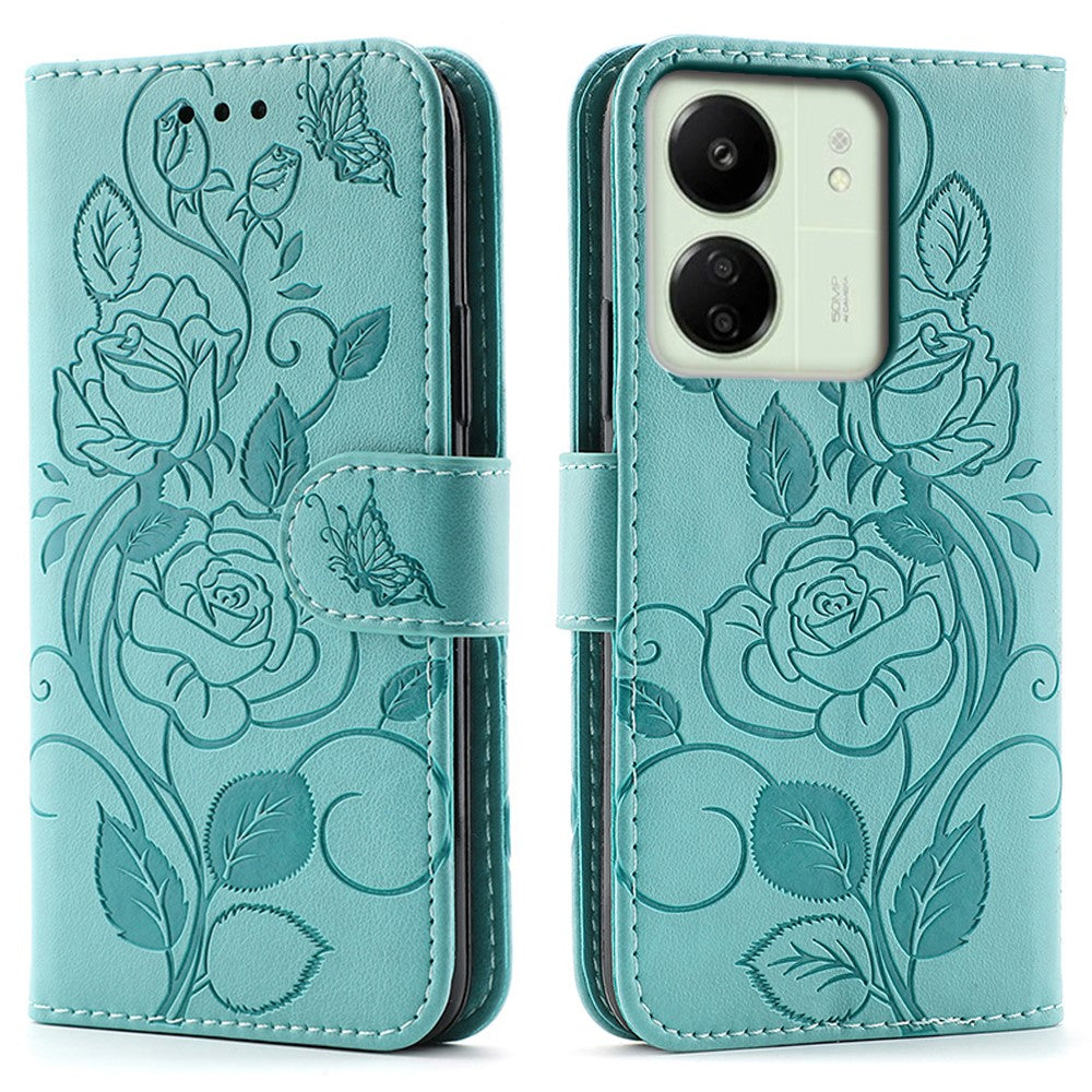 Phone Case For Xiaomi Redmi 13C 4G / 5G / 13R 5G / Poco M6 5G / C65 4G Wallet Stand Imprinted Rose Butterfly PU Leather Cover